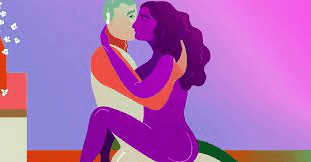 Couple en relation charnelle, la femme assise sur l'homme assis.